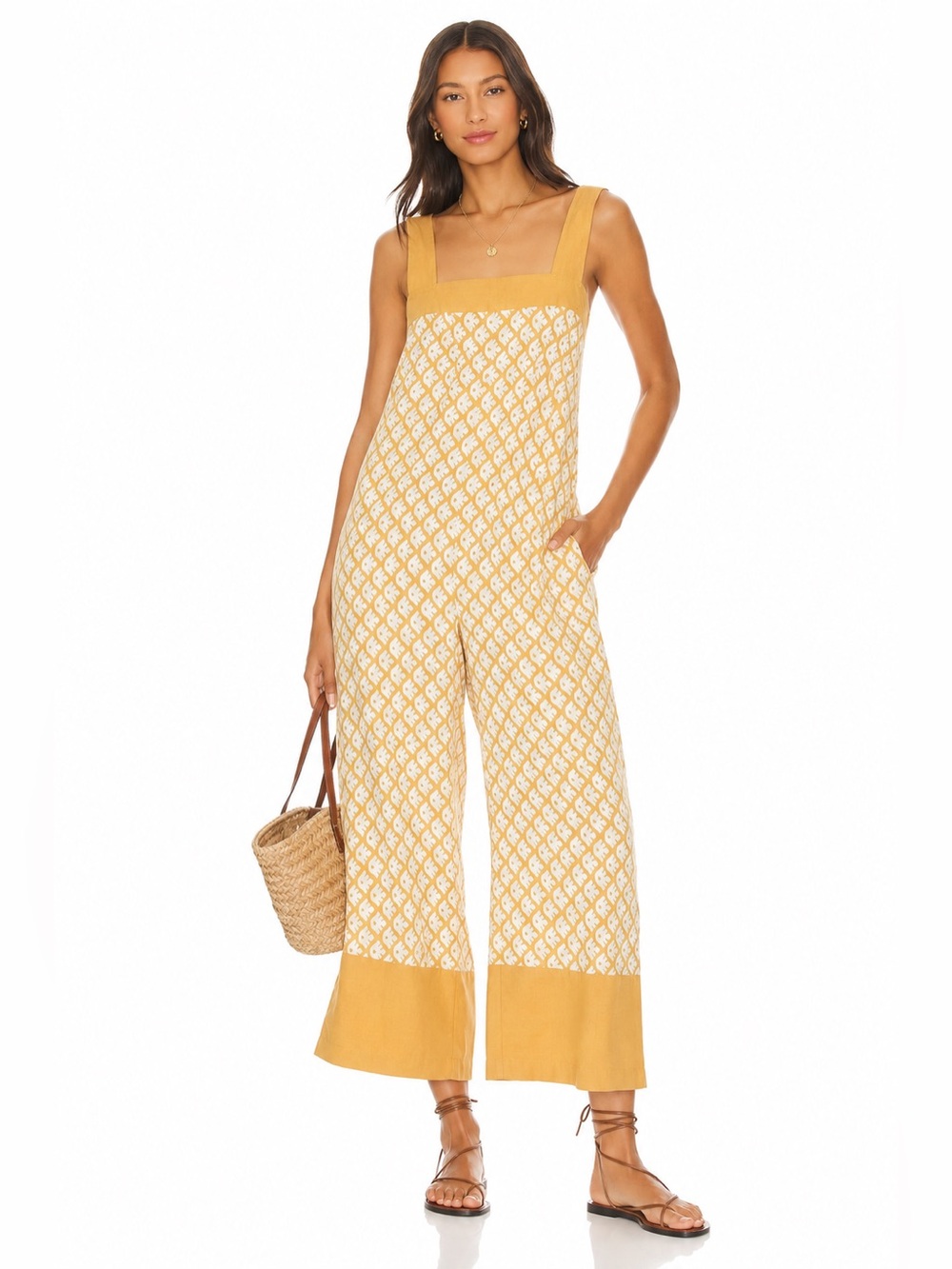 Sea Fleur Mustard Yellow Printed Wide Leg Jumpsuit Small